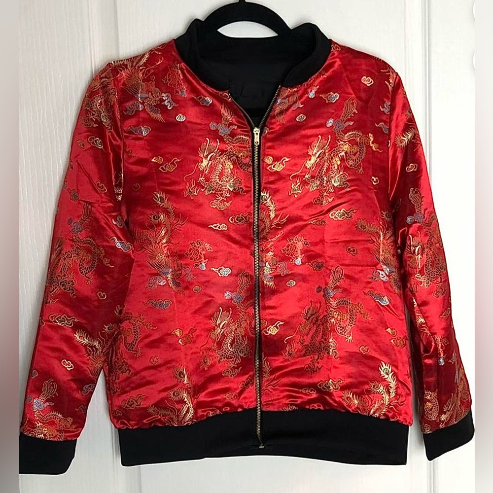 Dolls Kill Red Satin Dragon Embroidered Bomber Jacket
